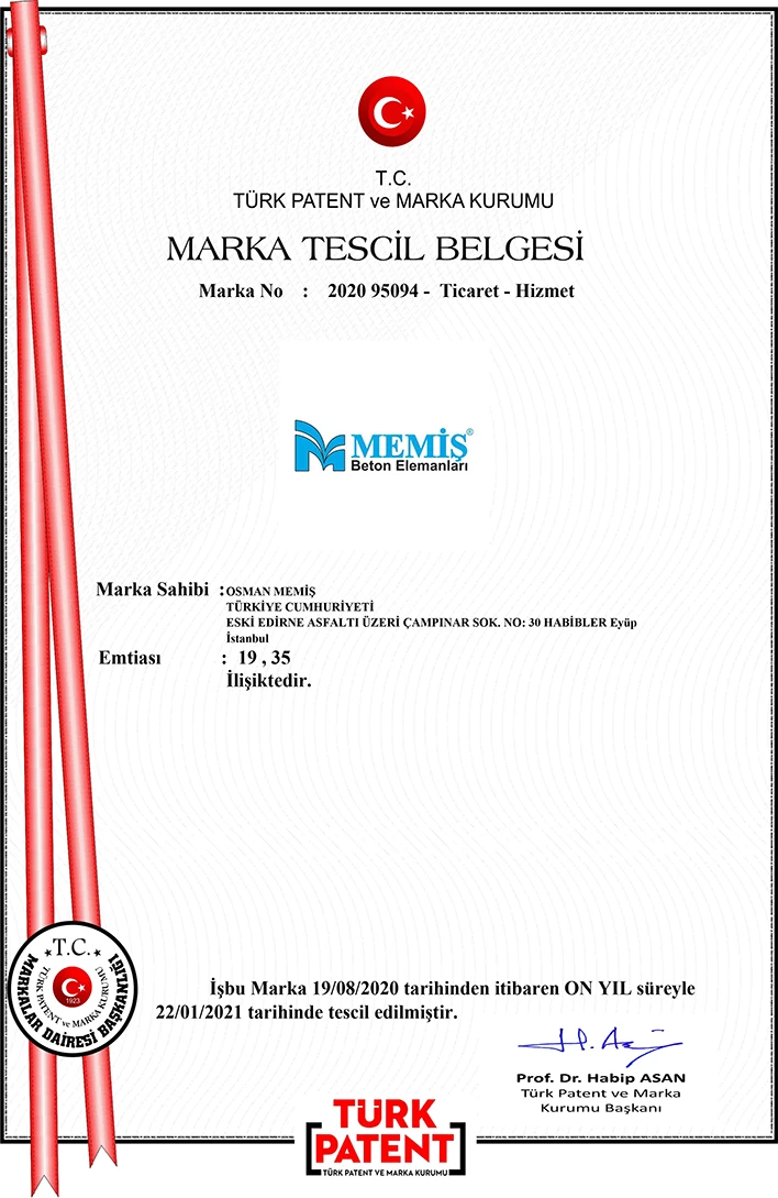 Memiş Beton Elemanları marka tescil belgesi